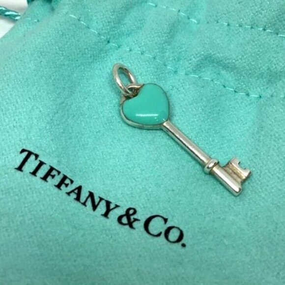 Engraved Tiffany & Co Sterling Silver Blue Enamel Heart Key Charm Pendant - Picture 1 of 4